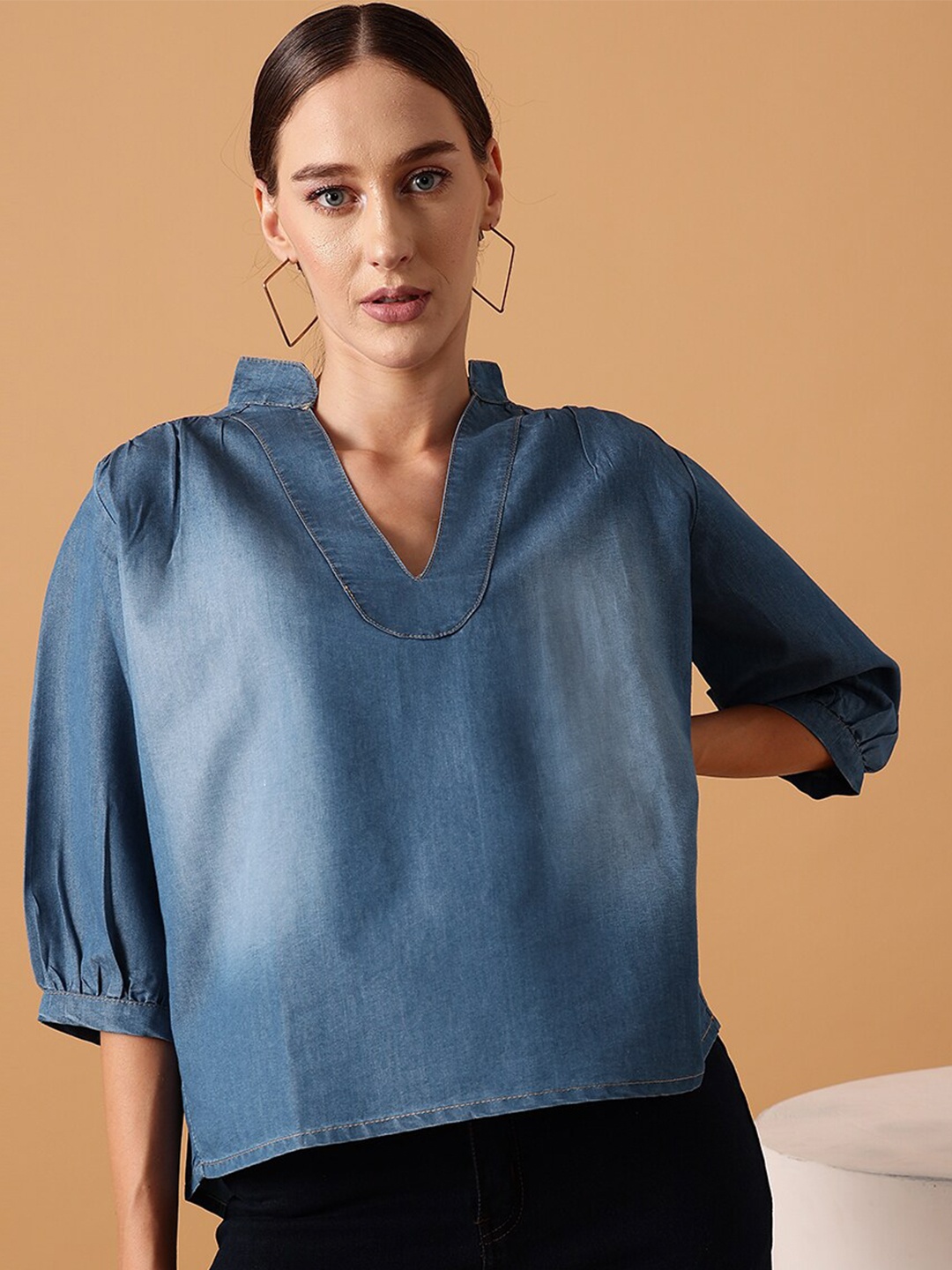 

STREET 9 Mandarin Collar Cotton Denim Top, Blue