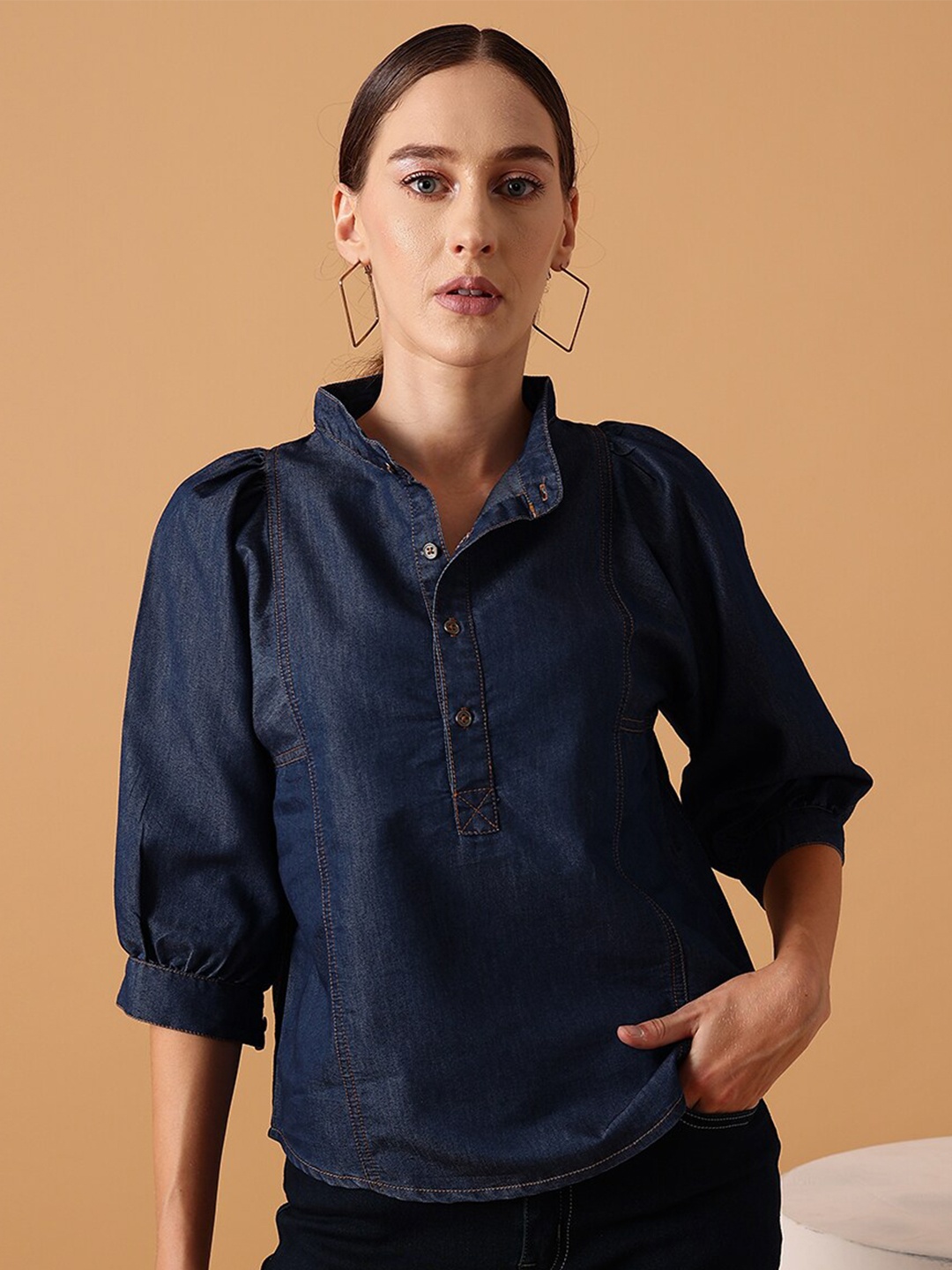 

STREET 9 Puff Sleeve Cotton Denim Shirt Style Top, Blue