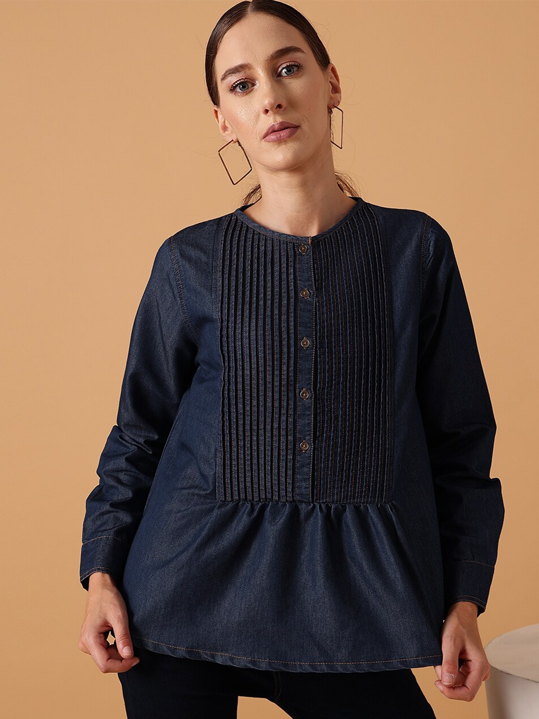 

STREET 9 Pleated Round Neck Pure Cotton Denim Regular Top, Navy blue