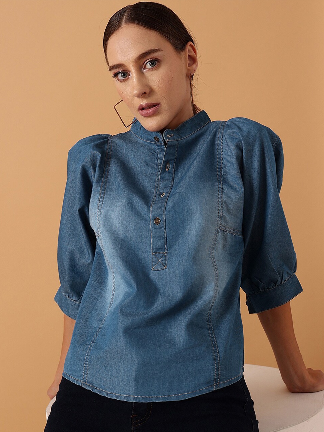 

STREET 9 Puff Sleeves Pure Cotton Denim Mandarin Collar Shirt Style Top, Blue