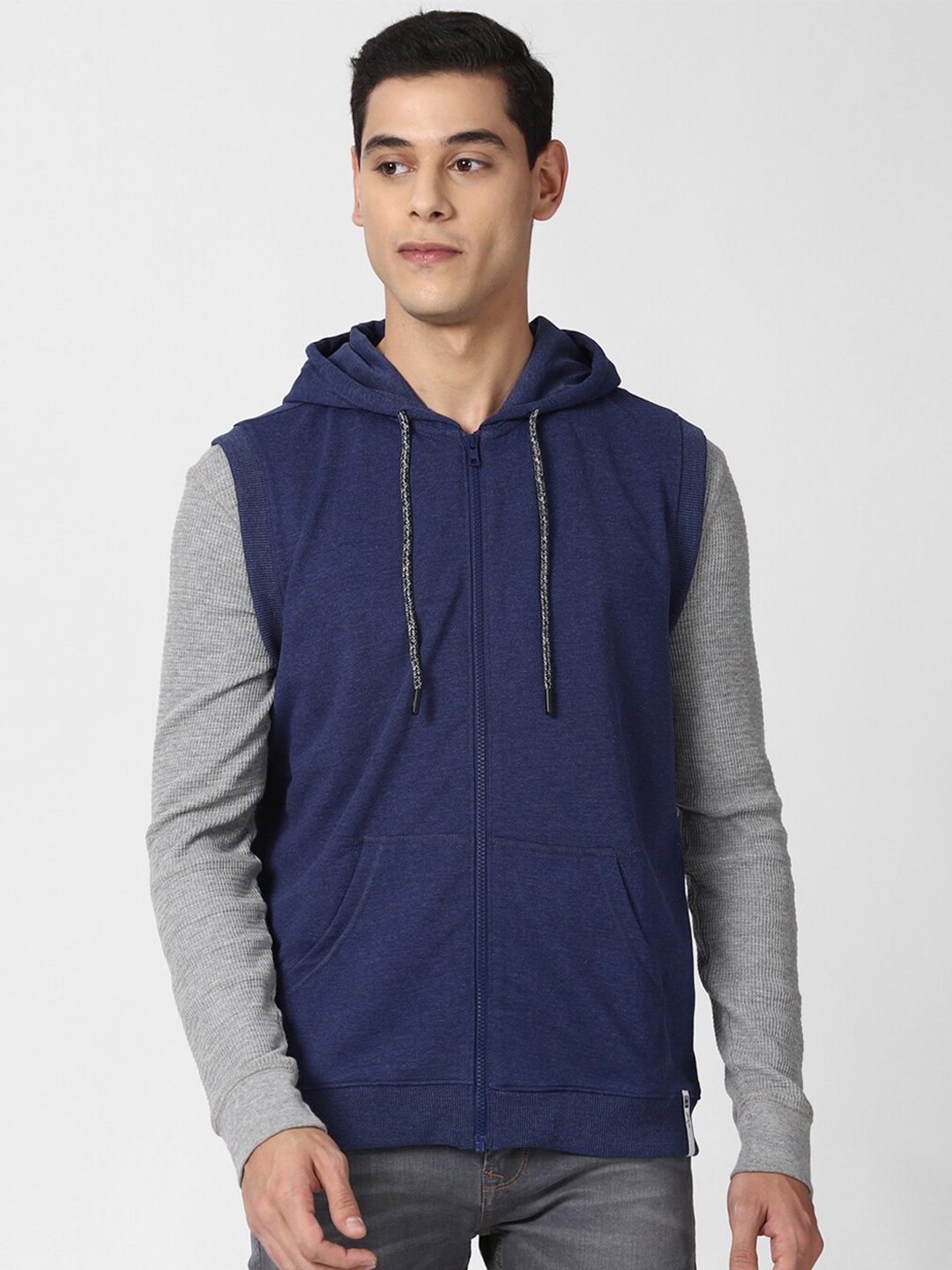 

Peter England Hooded Sleeveless Front Open Sweatshirt, Navy blue
