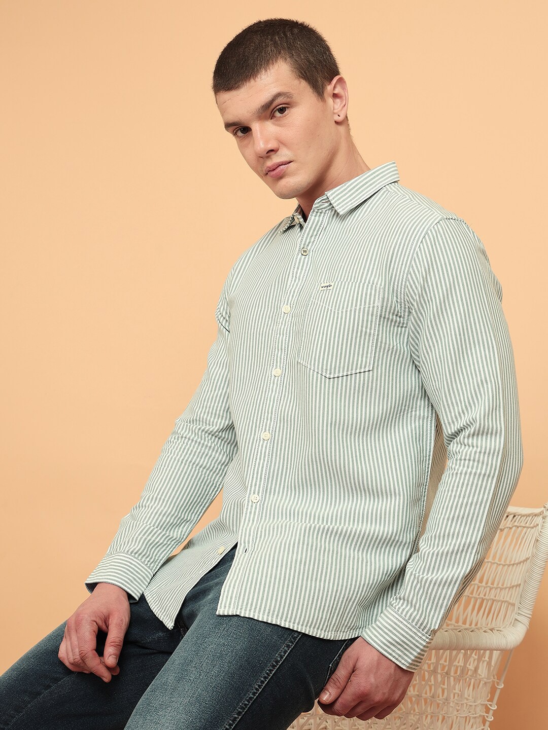 

Wrangler Opaque Striped Cotton Casual Shirt, Green