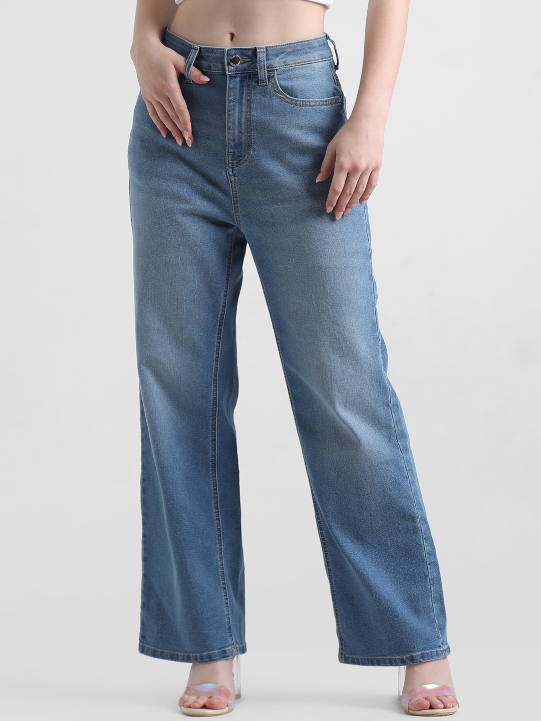 

ONLY Women Wide Leg High-Rise Low Distress Light Fade Stretchable Jeans, Blue
