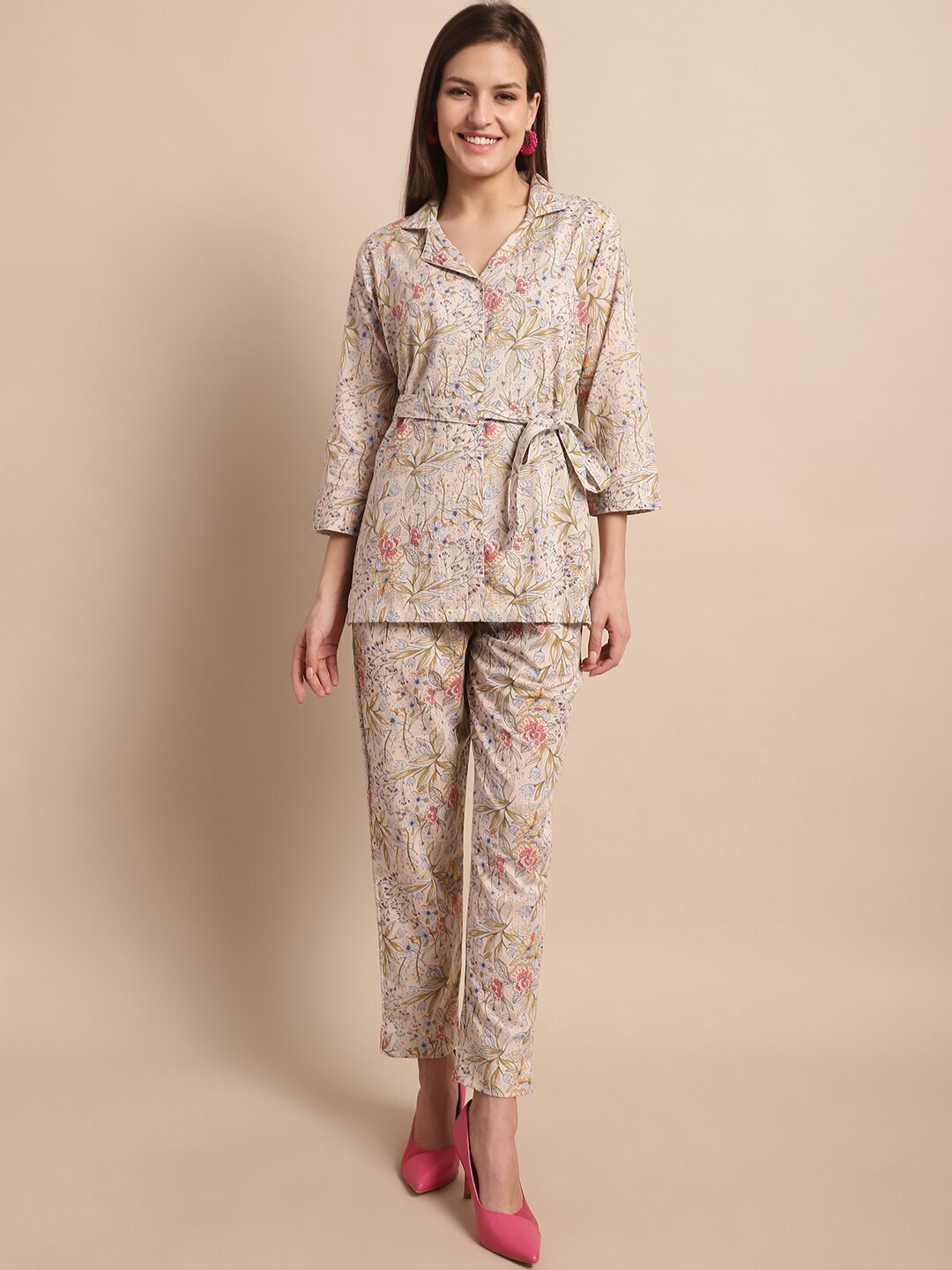 

Aawari Floral Printed Pure Cotton Shirt & Trousers, Cream