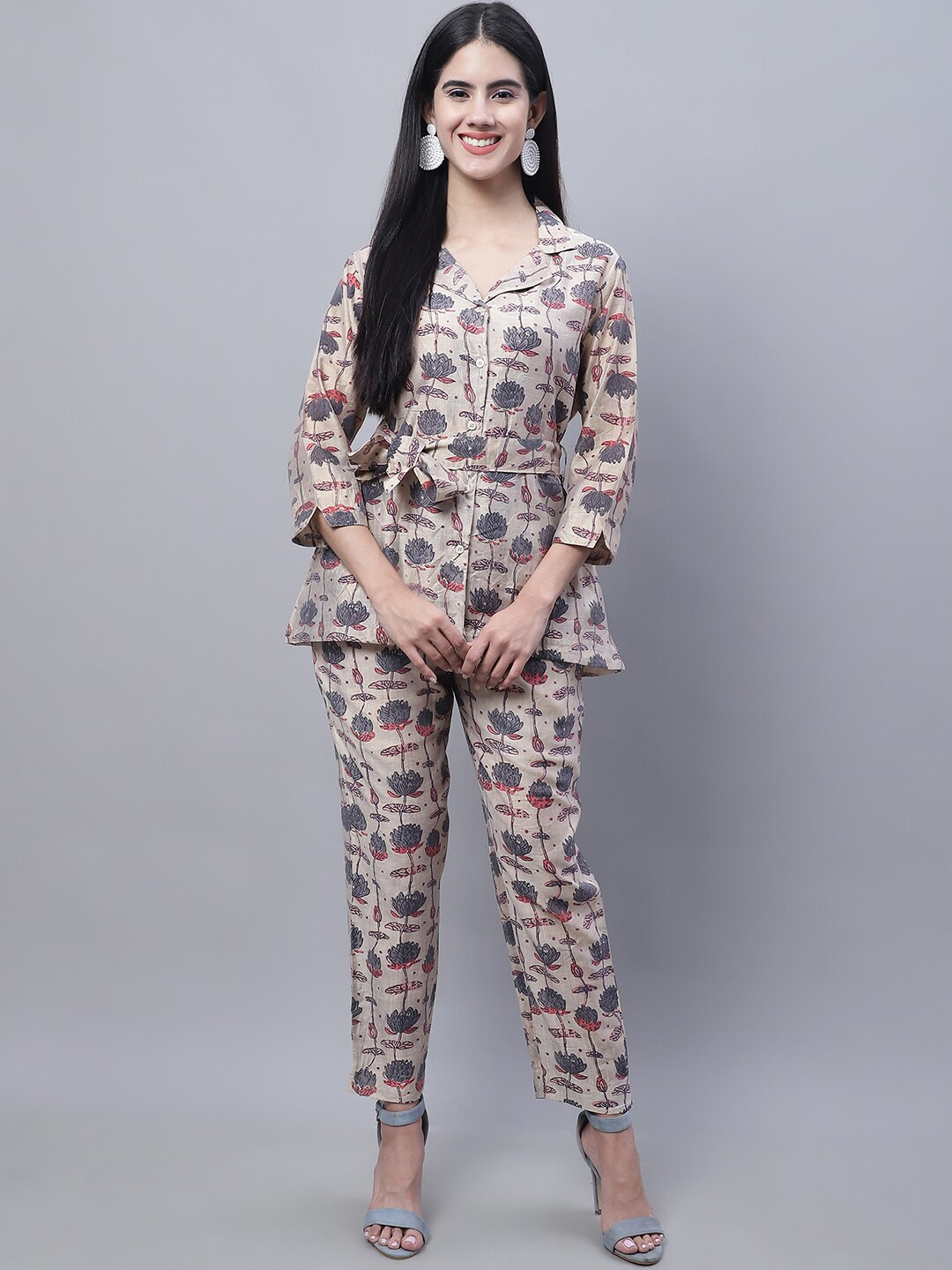

Aawari Floral Printed Pure Silk Shirt & Trousers, Beige