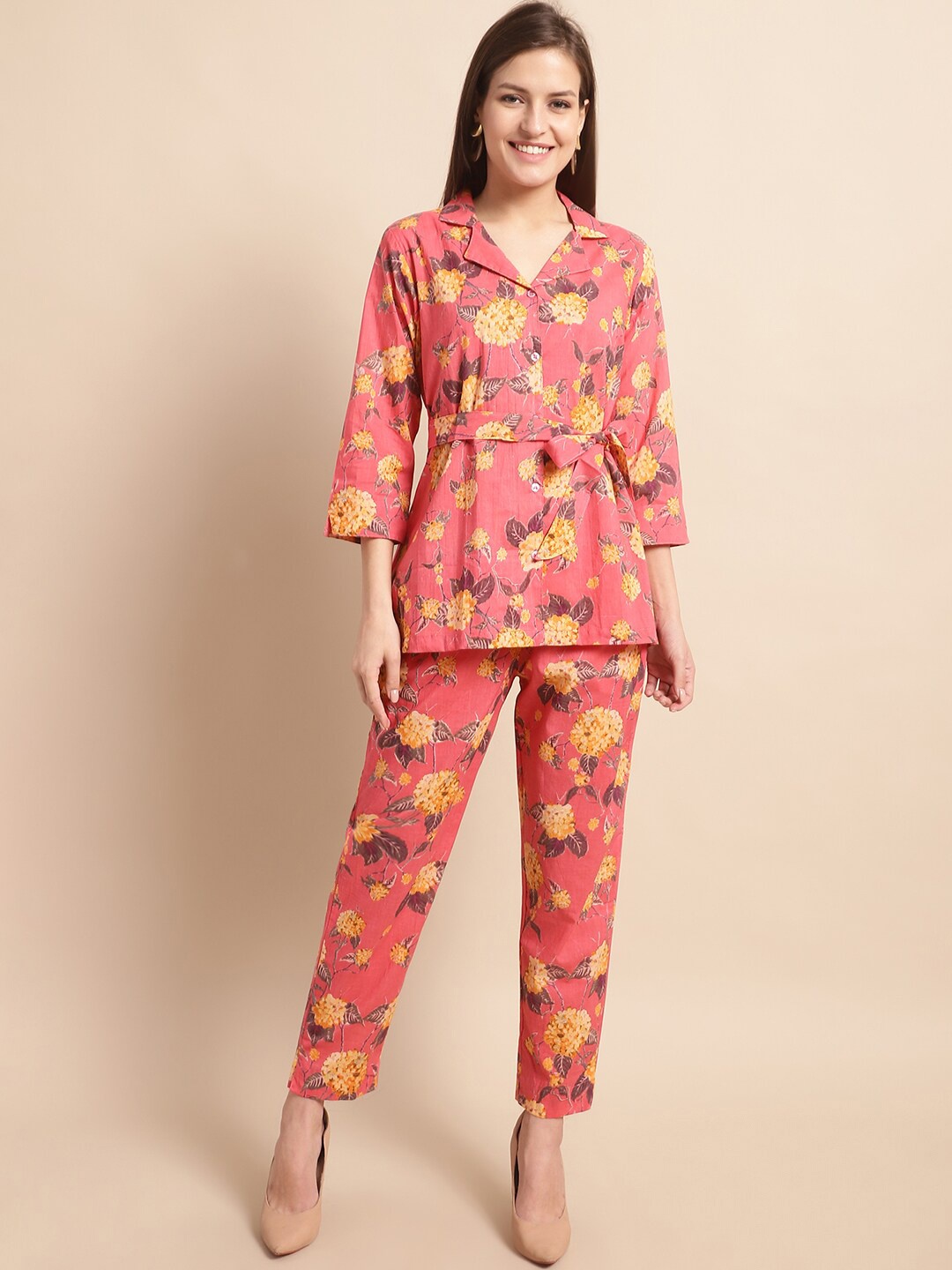 

Aawari Floral Printed Shirt Collar Pure Cotton Shirt With Trousers, Orange