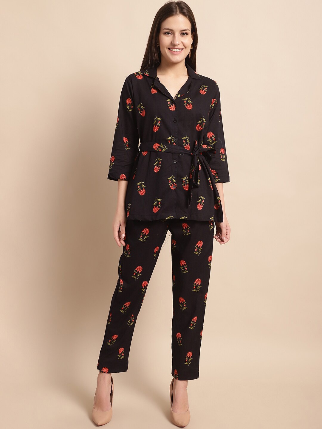 

Aawari Floral Printed Shirt Collar Shirt With Trousers, Black