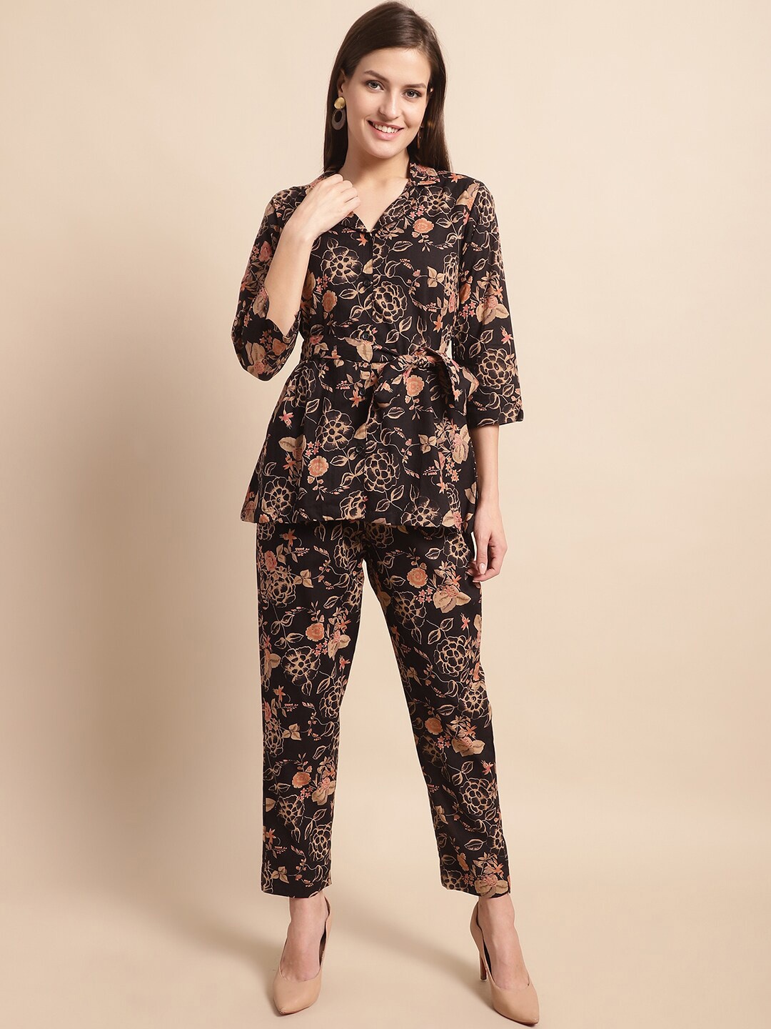 

Aawari Floral Printed Cotton Shirt & Trousers, Brown