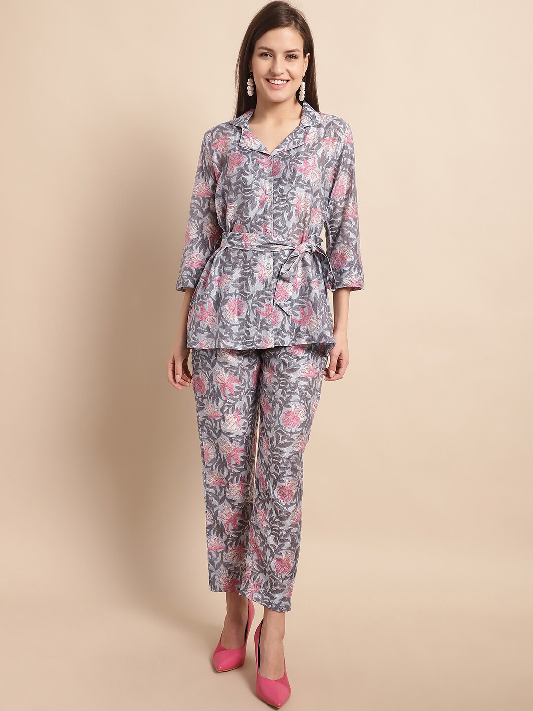 

Aawari Floral Printed Pure Silk Shirt With Trousers, Purple