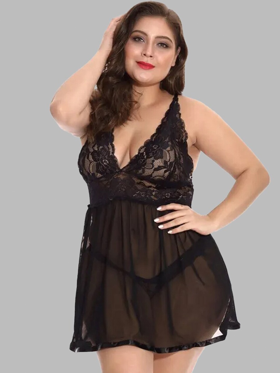 

VAGHBHATT Self Design V-Neck Net Baby Doll, Black