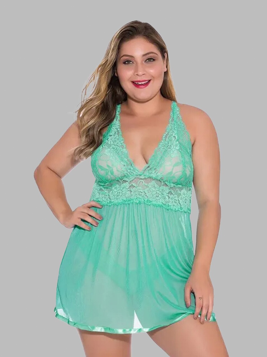 

VAGHBHATT Self Design Shoulder Straps Net Baby Doll, Sea green