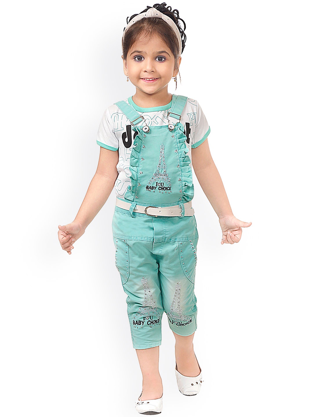 

BAESD Girls Printed Slim-Fit Three-Fourth Cotton Dungaree Set, Blue