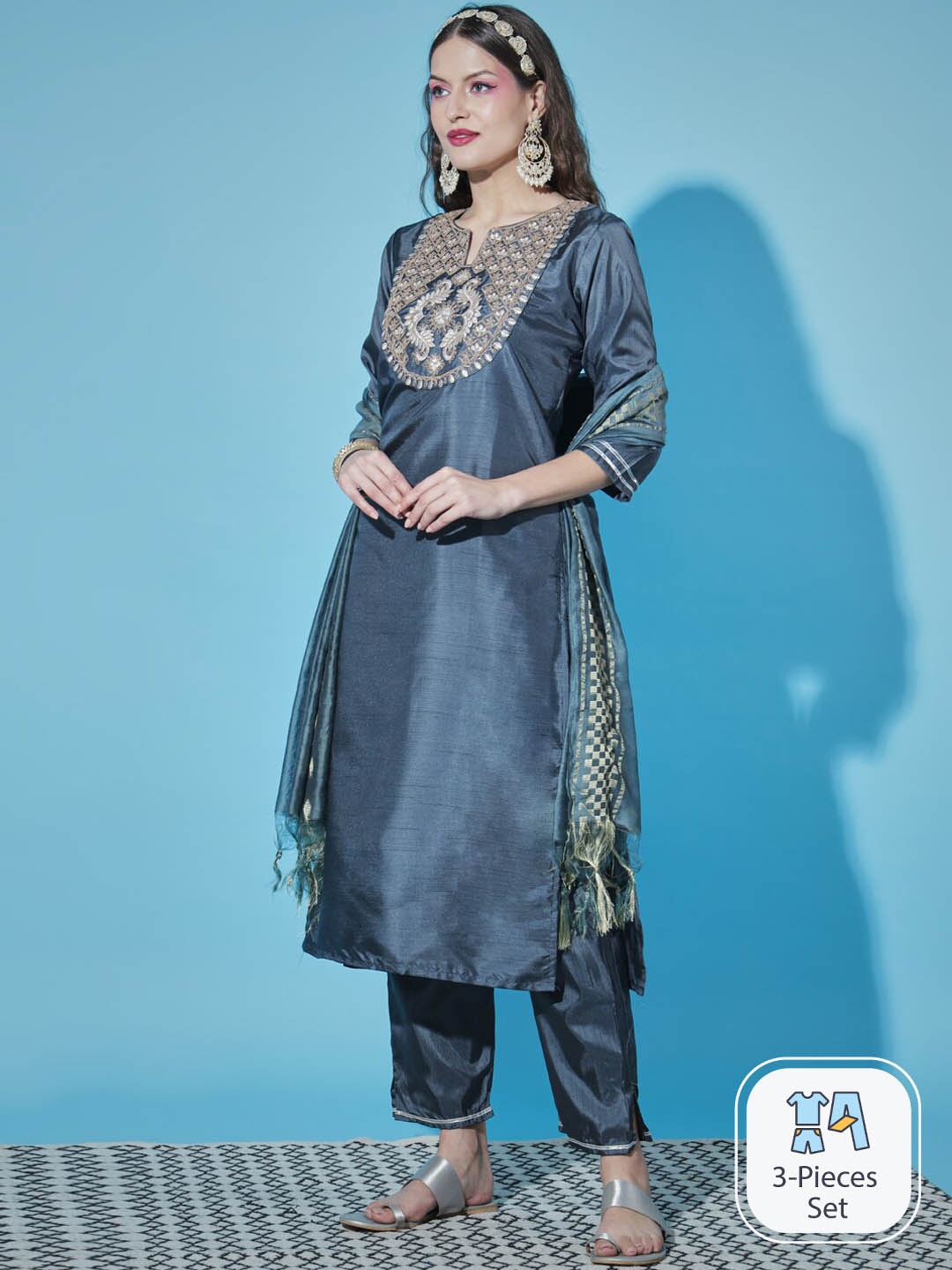 

PPTOSS Ethnic Motifs Embroidered Kurta with Trousers & With Dupatta, Grey