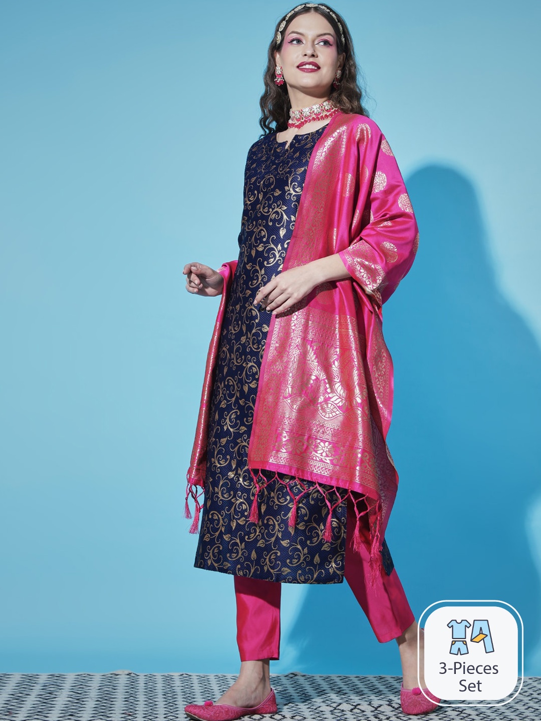 

PPTOSS Ethnic Motifs Woven Design Kurta with Trousers & With Dupatta, Navy blue