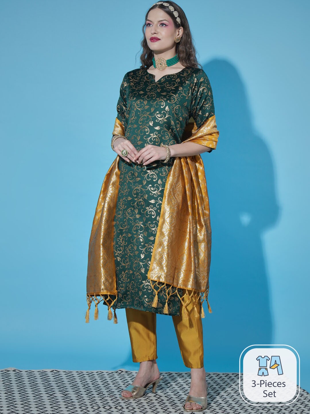 

PPTOSS Floral Woven Design Kurta with Trousers & With Dupatta, Green