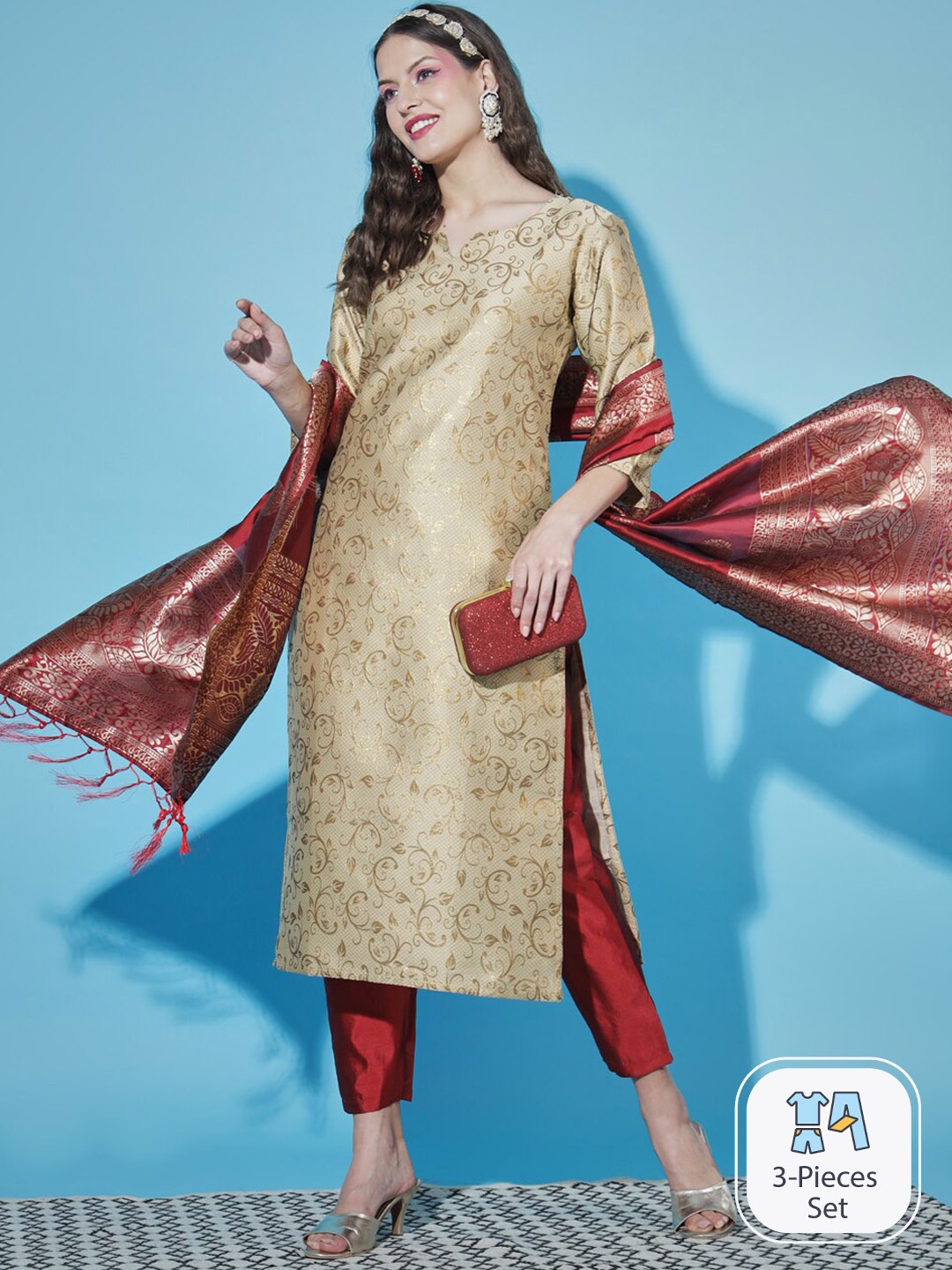 

PPTOSS Floral Woven Design Kurta with Trousers & With Dupatta, Beige