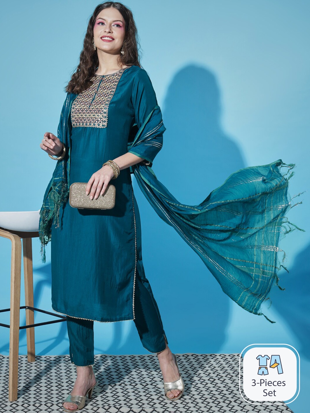 

PPTOSS Ethnic Motifs Embroidered Kurta with Trousers & With Dupatta, Teal