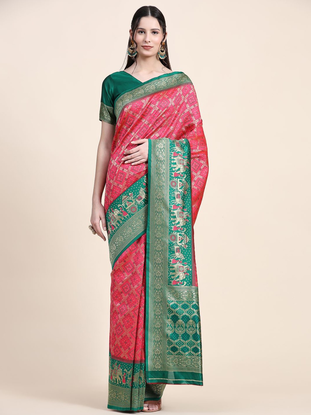 

Anouk Red & Green Woven Design Zari Patola Saree