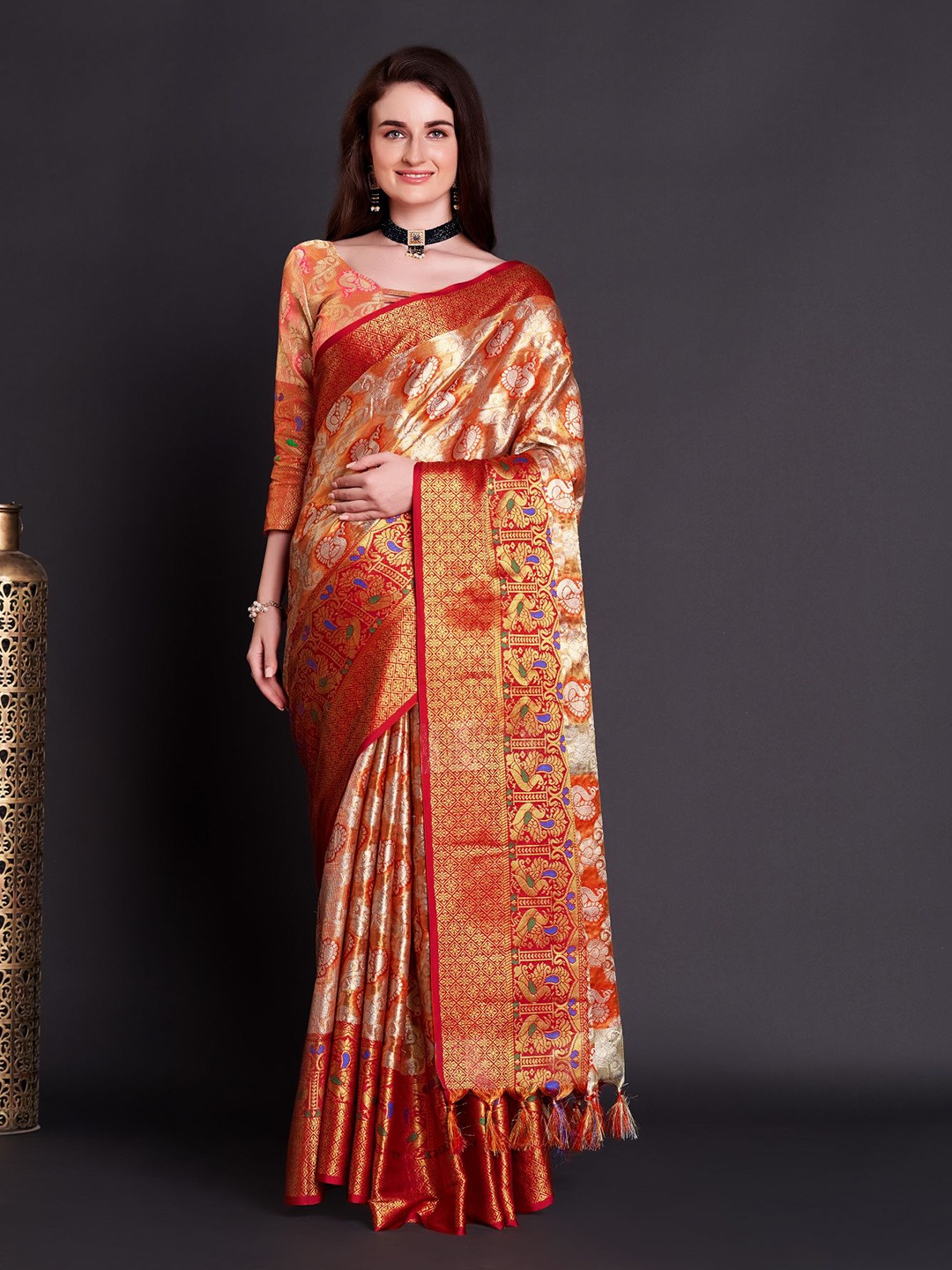 

Anouk Ethnic Motifs Woven Design Zari Detail Tussar Saree, Red