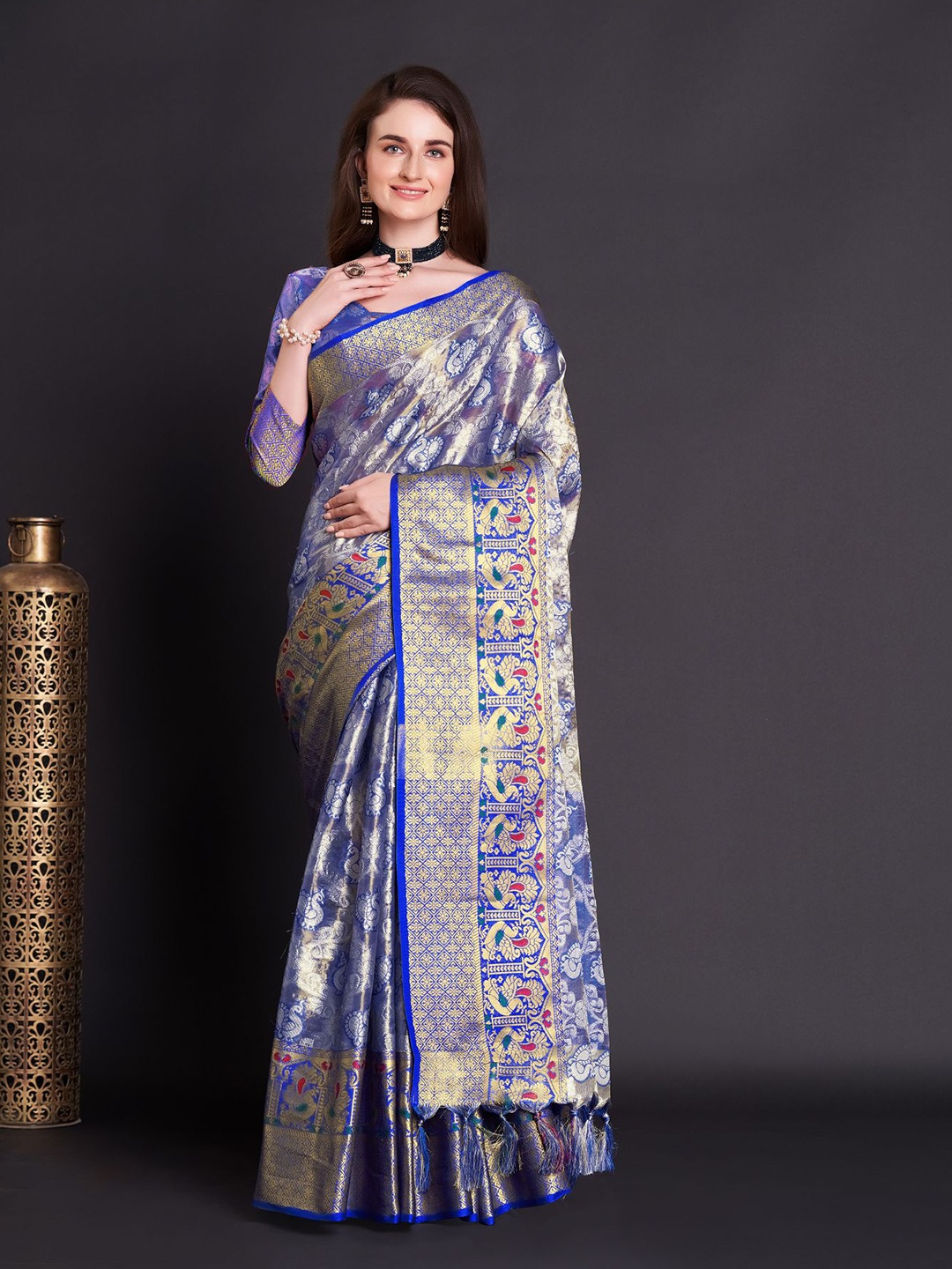 

Anouk Ethnic Motifs Woven Design Zari Detail Tussar Saree, Purple