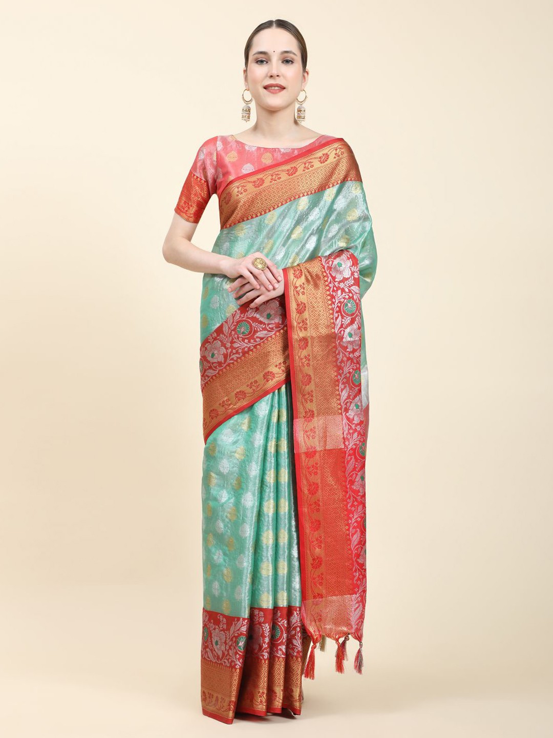 

Anouk Ethnic Motifs Woven Design Zari Detail Banarasi Saree, Teal