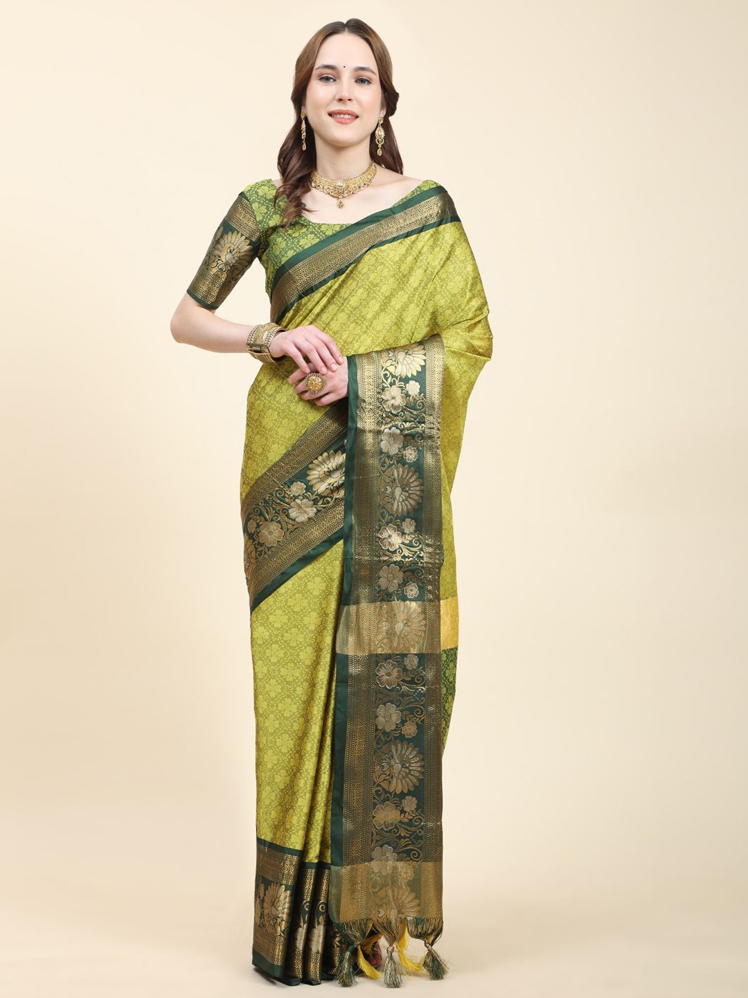 

Anouk Ethnic Motifs Woven Design Zari Silk Cotton Tussar Saree, Olive