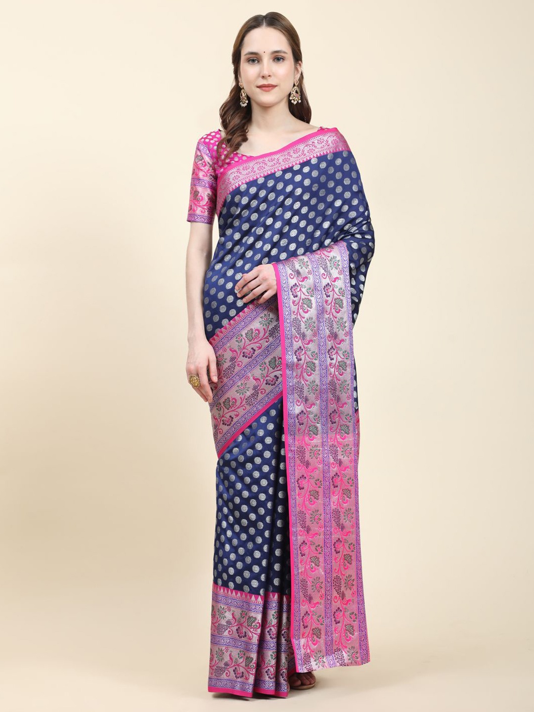 

Anouk Navy Blue & Pink Woven Design Zari Saree