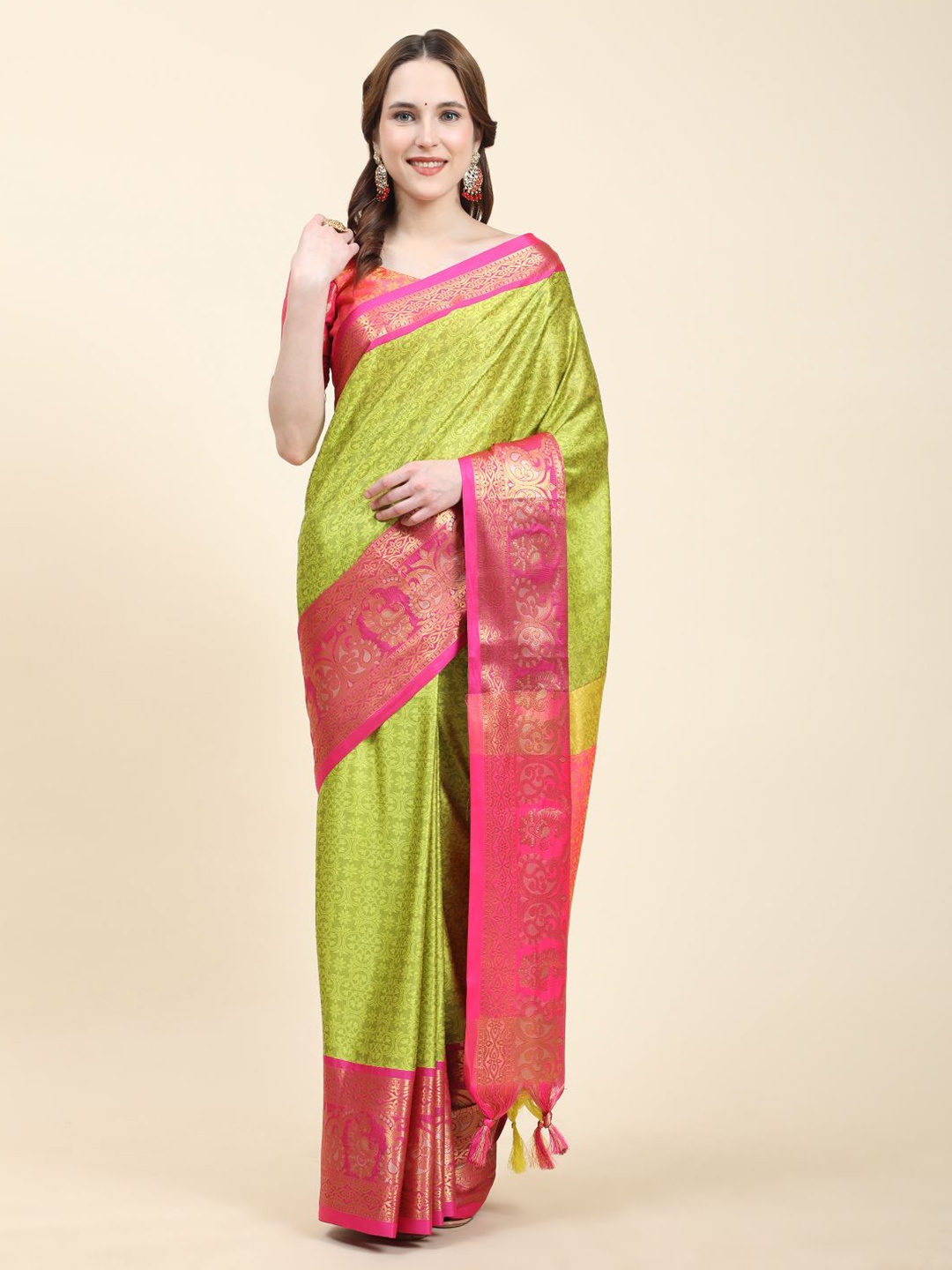 

Anouk Ethnic Motifs Woven Design Zari Silk Cotton Tussar Saree, Lime green