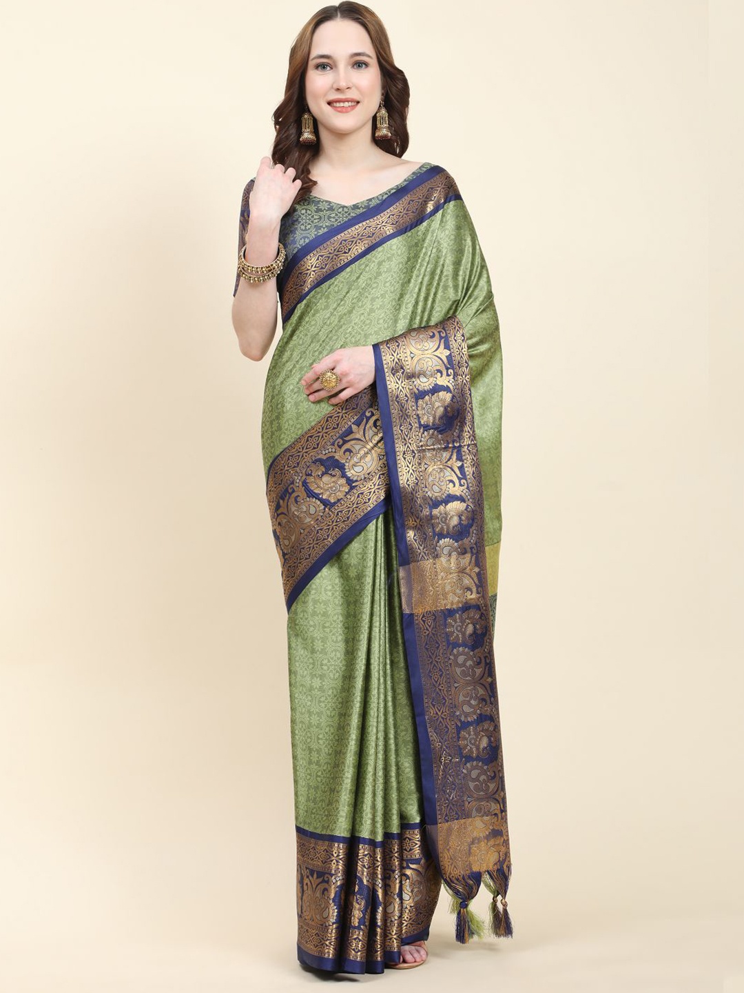 

Anouk Ethnic Motifs Woven Design Zari Silk Cotton Tussar Saree, Olive