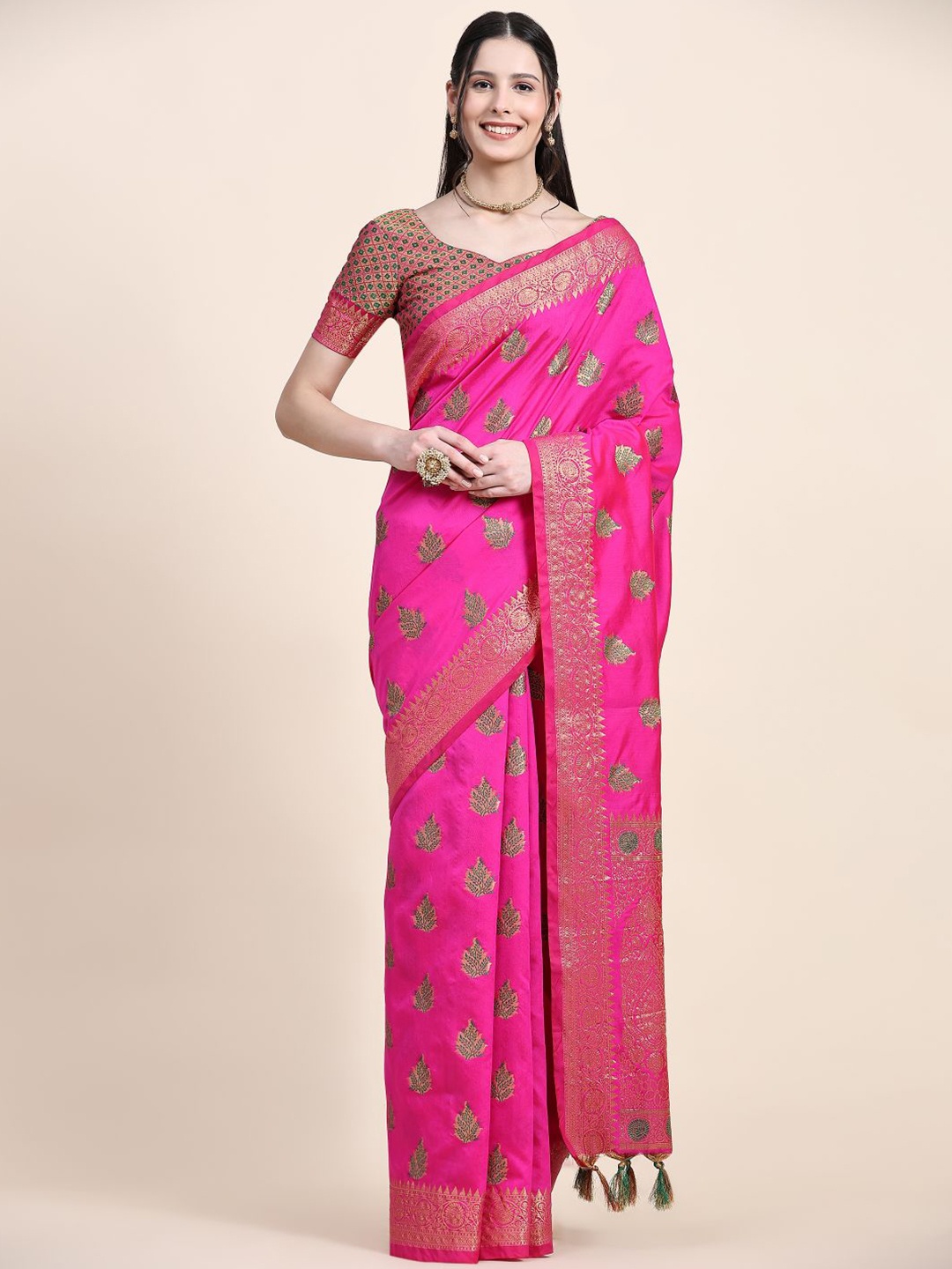 

Anouk Fuchsia & Orange Woven Design Zari Banarasi Saree