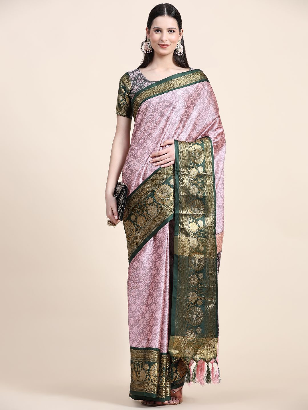 

Anouk Floral Woven Design Zari Detail Tussar Saree, Pink