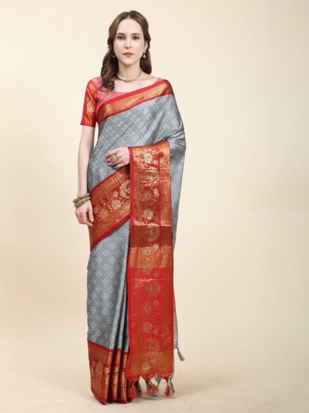

Anouk Floral Woven Design Zari Tussar Saree, Grey
