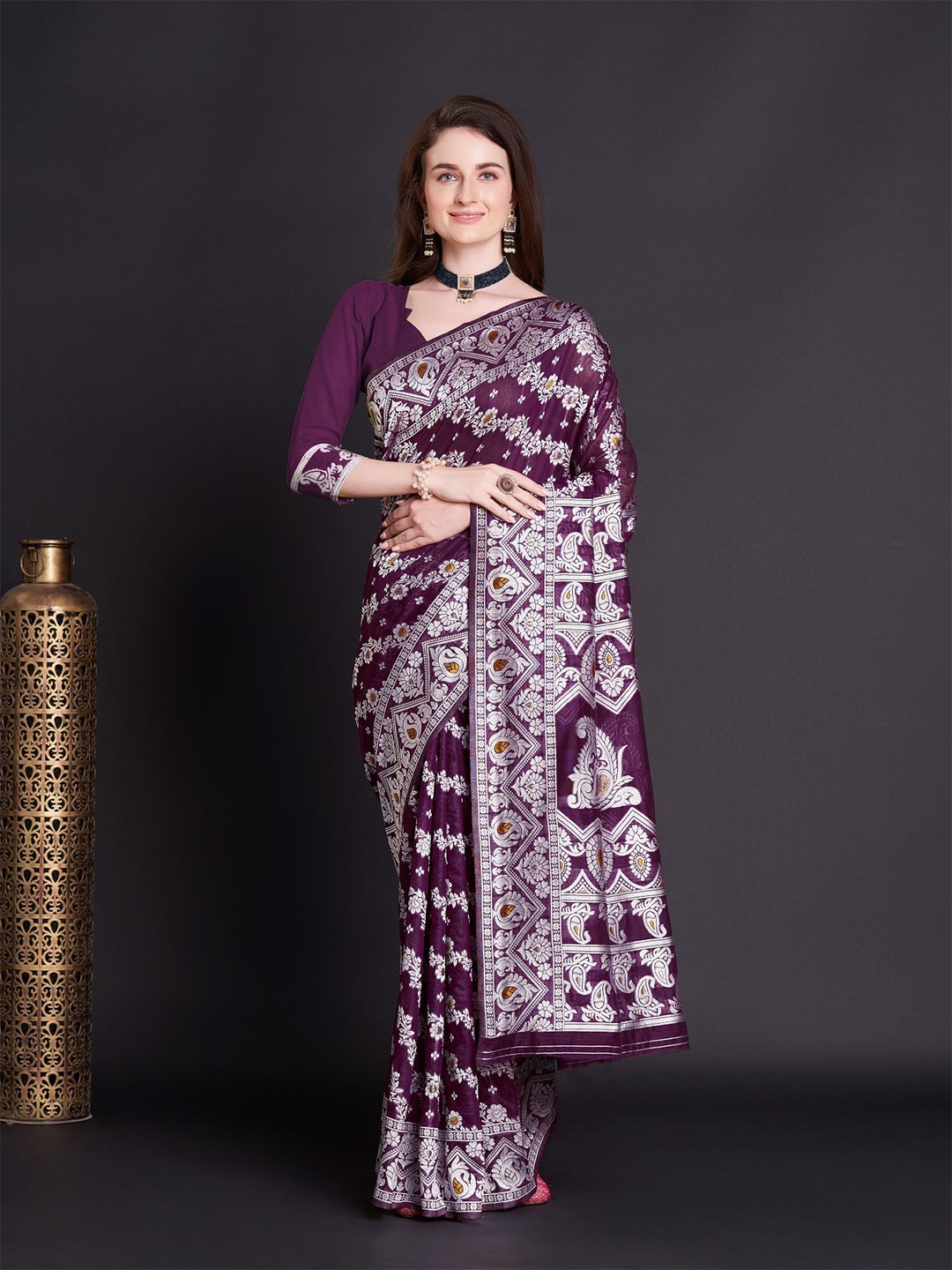 

Anouk Ethnic Motifs Woven Design Zari Silk Cotton Saree, Purple
