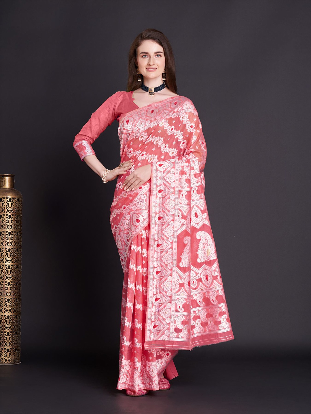 

Anouk Peach & Silver Woven Design Zari Silk Cotton Saree