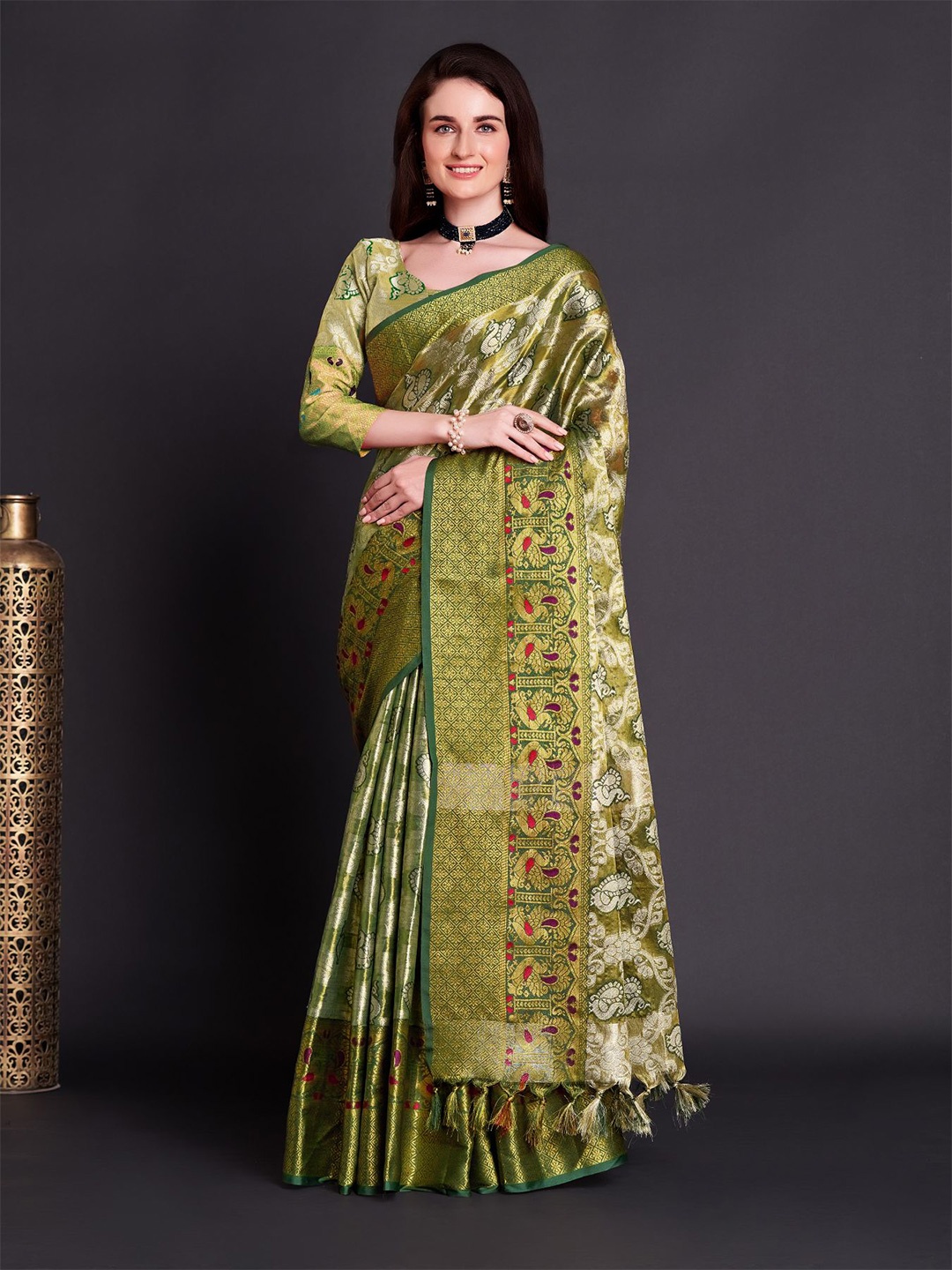 

Anouk Ethnic Motifs Woven Design Zari Organza Tussar Saree, Green