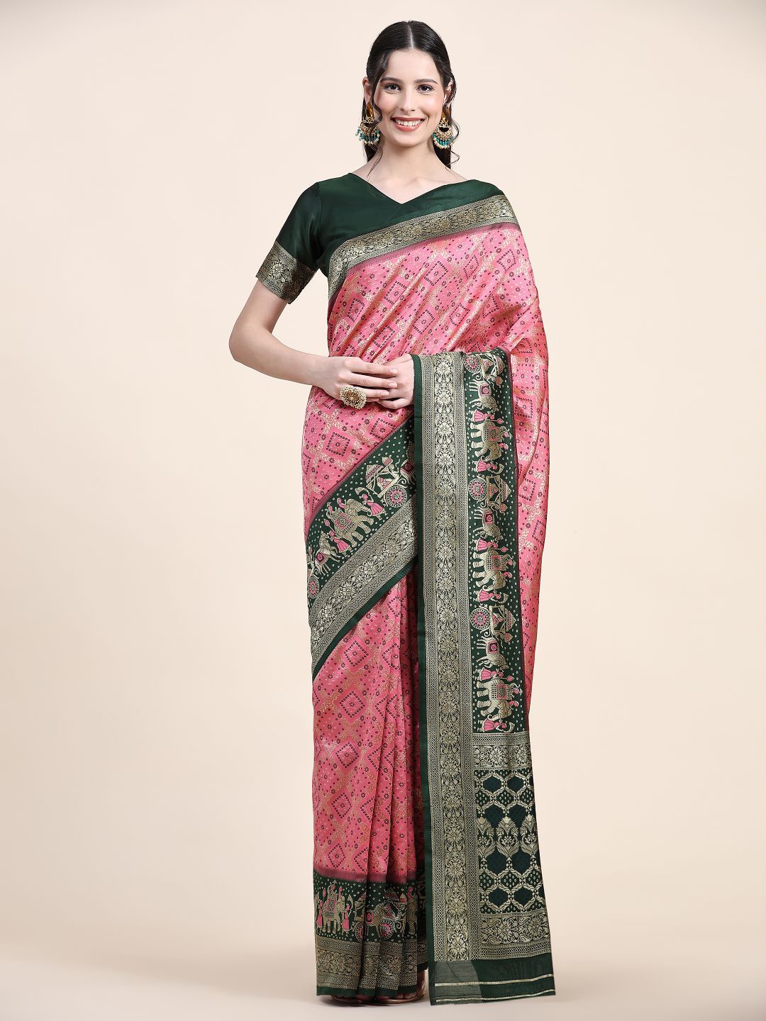 

Anouk Geometric Woven Design Zari Saree, Pink