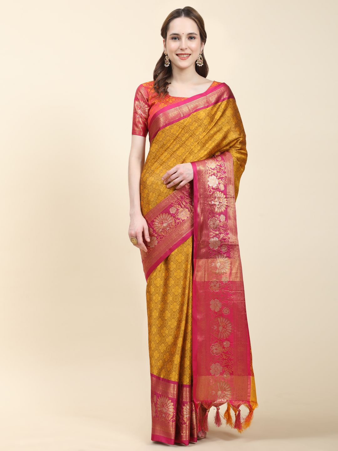 

Anouk Ethnic Motifs Woven Design Zari Silk Cotton Tussar Saree, Mustard