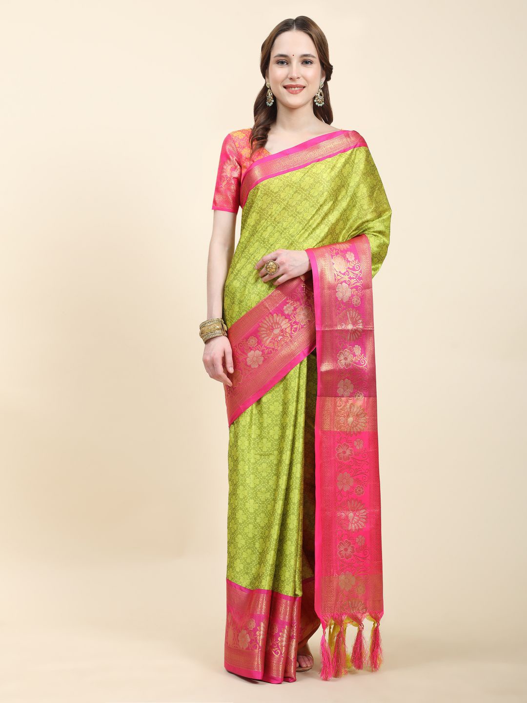 

Anouk Woven Design Zari Tussar Saree, Lime green