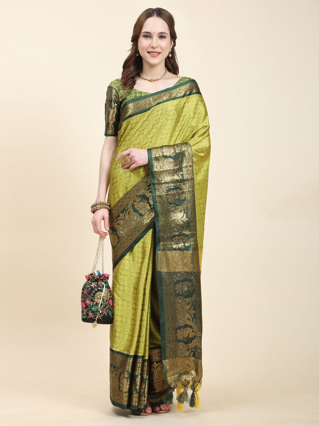 

Anouk Floral Woven Design Zari Detail Tussar Saree, Olive
