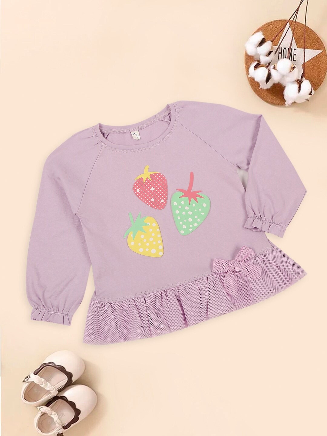 

MeeMee Girls Graphic Printed Raglan Sleeve Bow & Gathered Regular Top, Purple