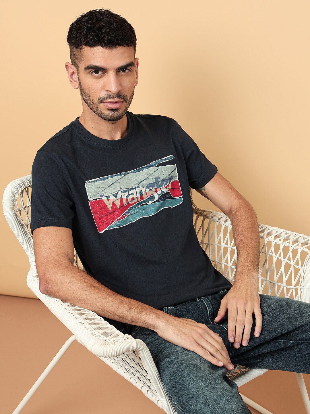 

Wrangler Typography Printed Cotton Casual T-Shirt, Navy blue