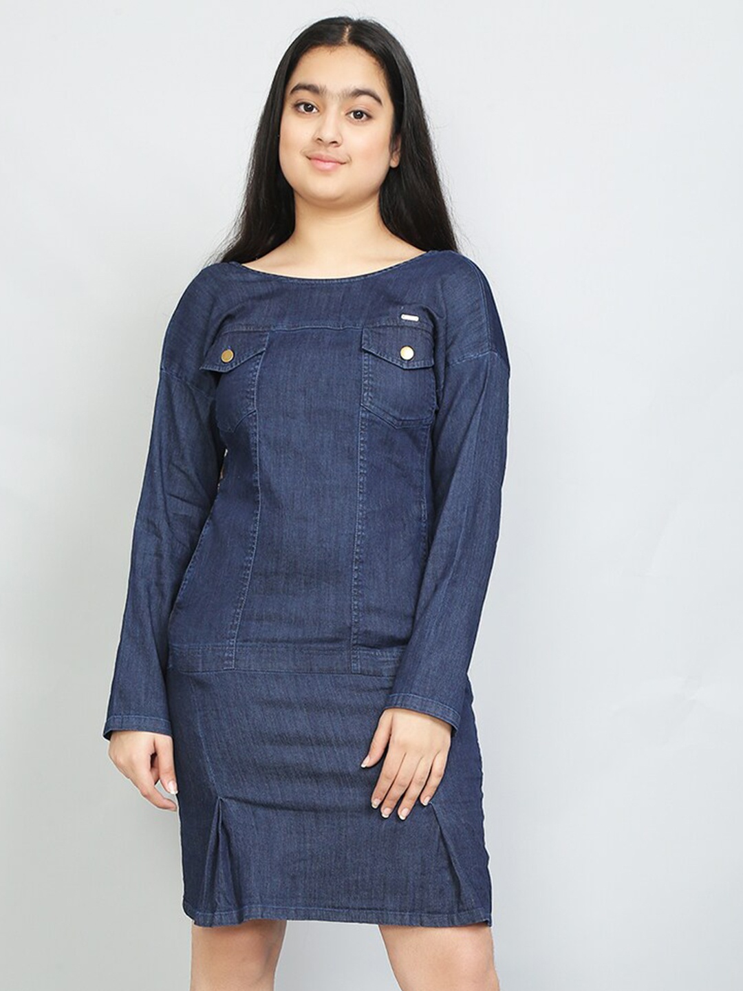 

VYN Round Neck Cotton Denim A-Line Dress, Blue