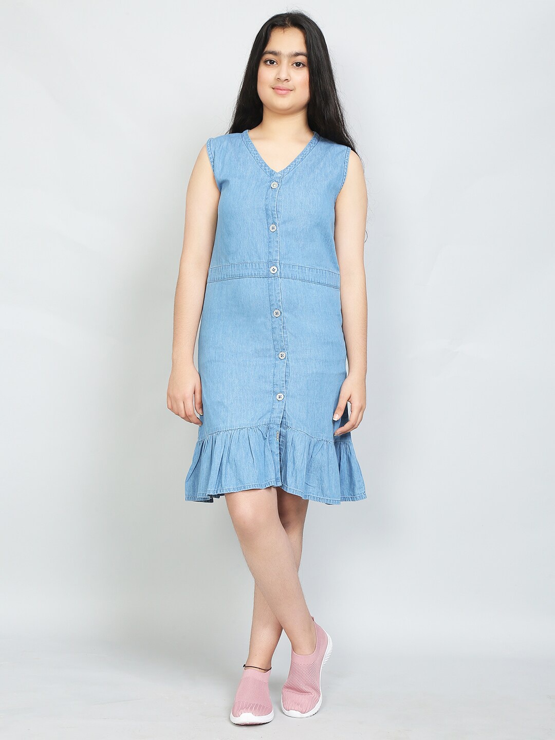 

VYN V-Neck Cotton Denim A-Line Dress, Blue