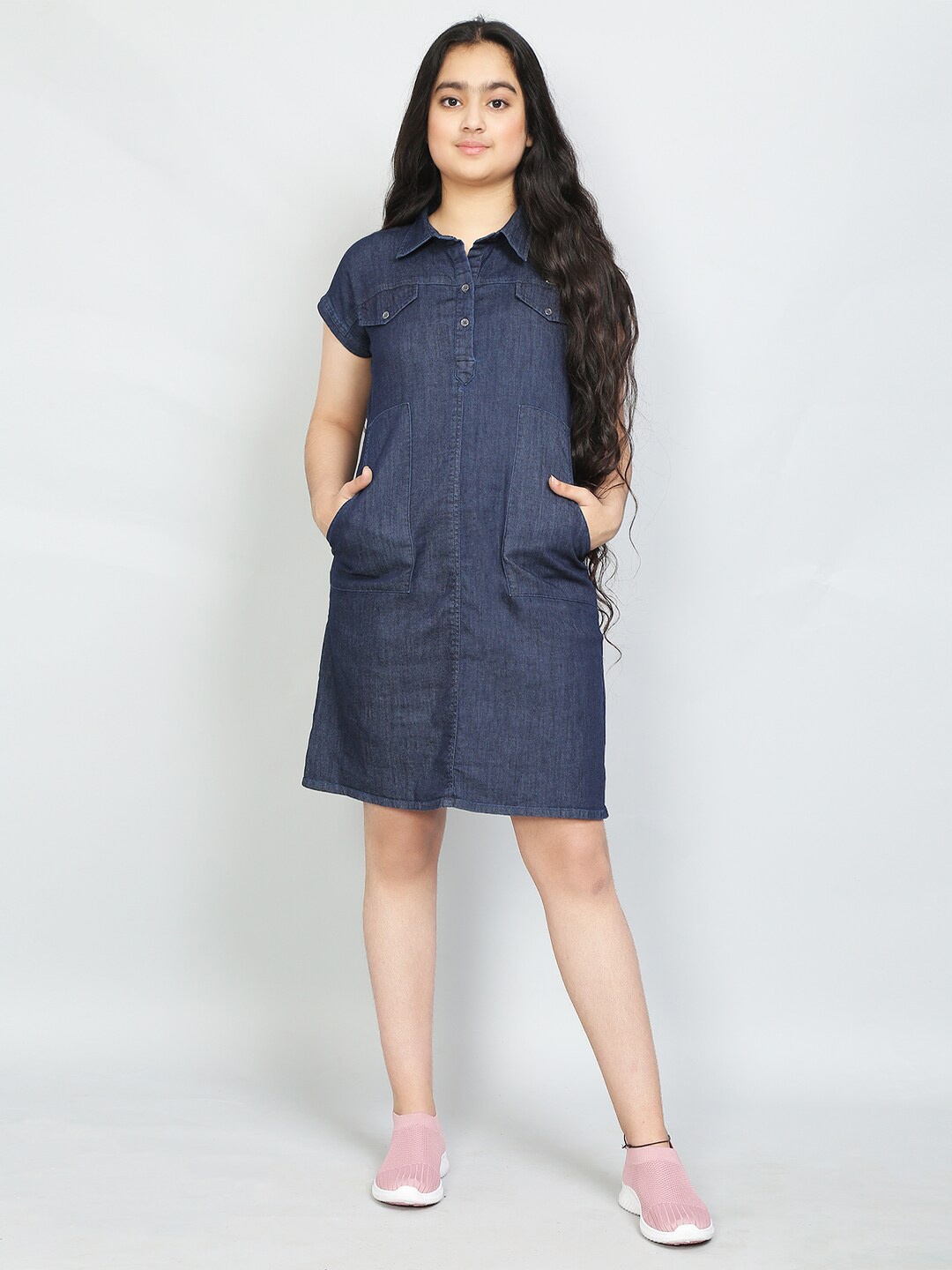 

VYN Girls Shirt Collar Extended Sleeves Pockets Cotton A-Line Dress, Blue