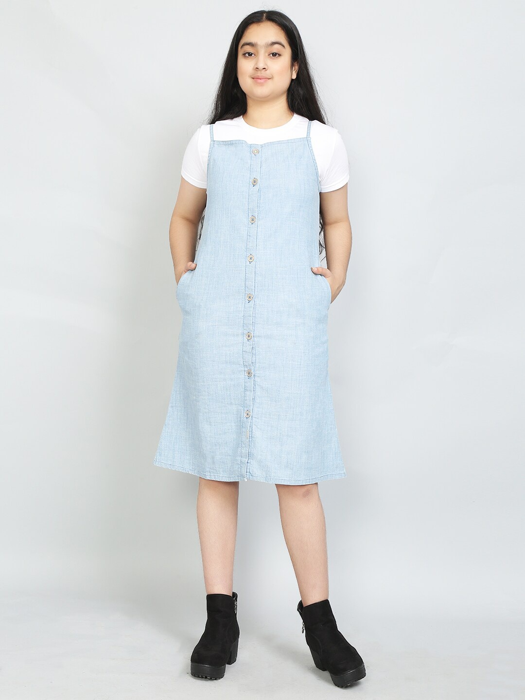 

VYN Shoulder Straps Denim Pinafore Dress, Blue