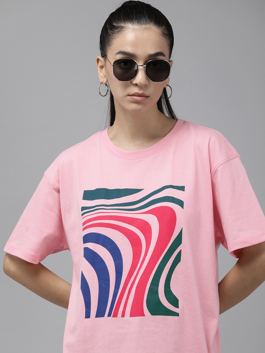 

Roadster Women Graphic Printed Drop-Shoulder Sleeves T-shirt, Pink