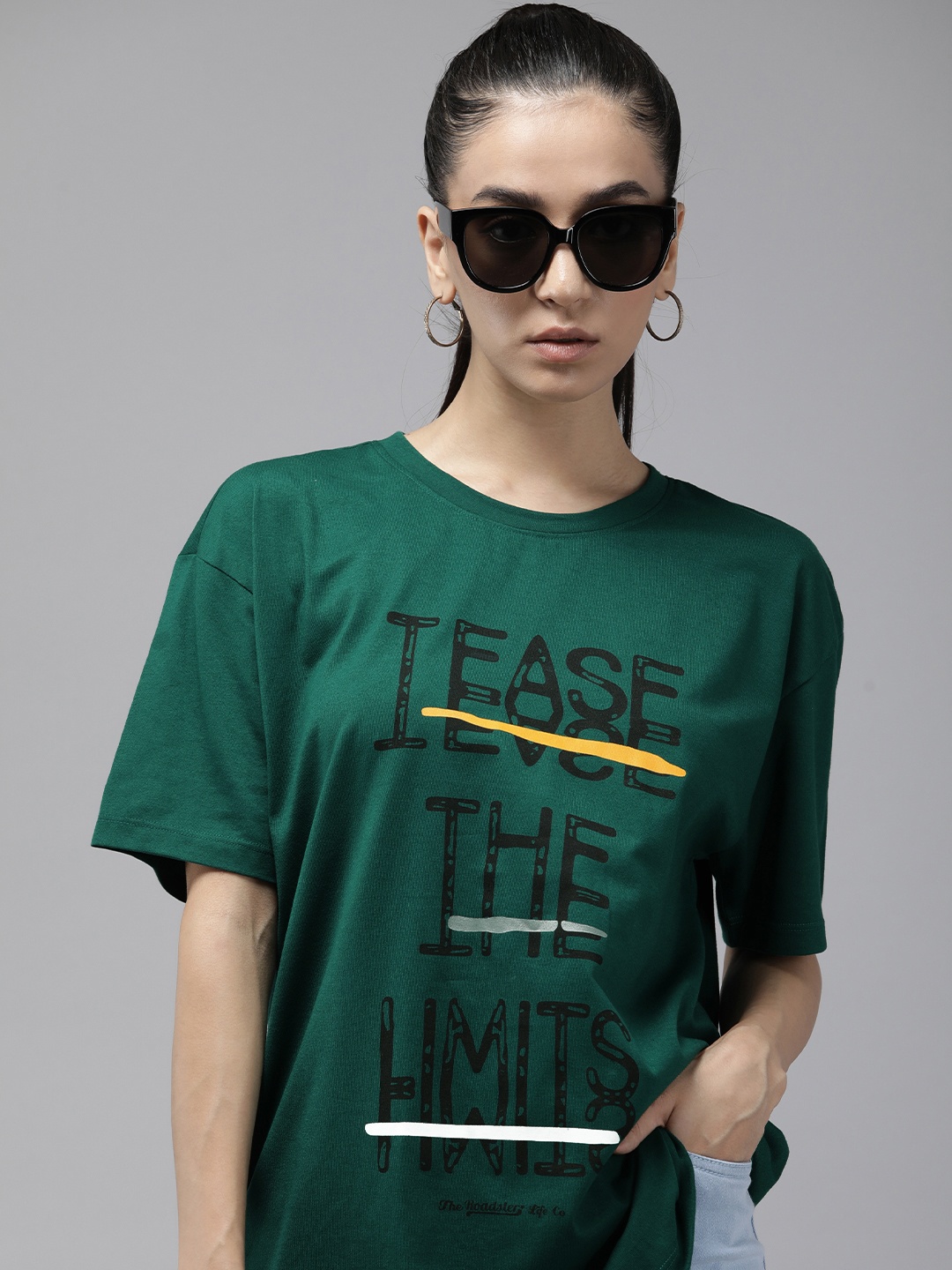 

Roadster Women Typography Printed Drop-Shoulder Sleeves T-shirt, Green