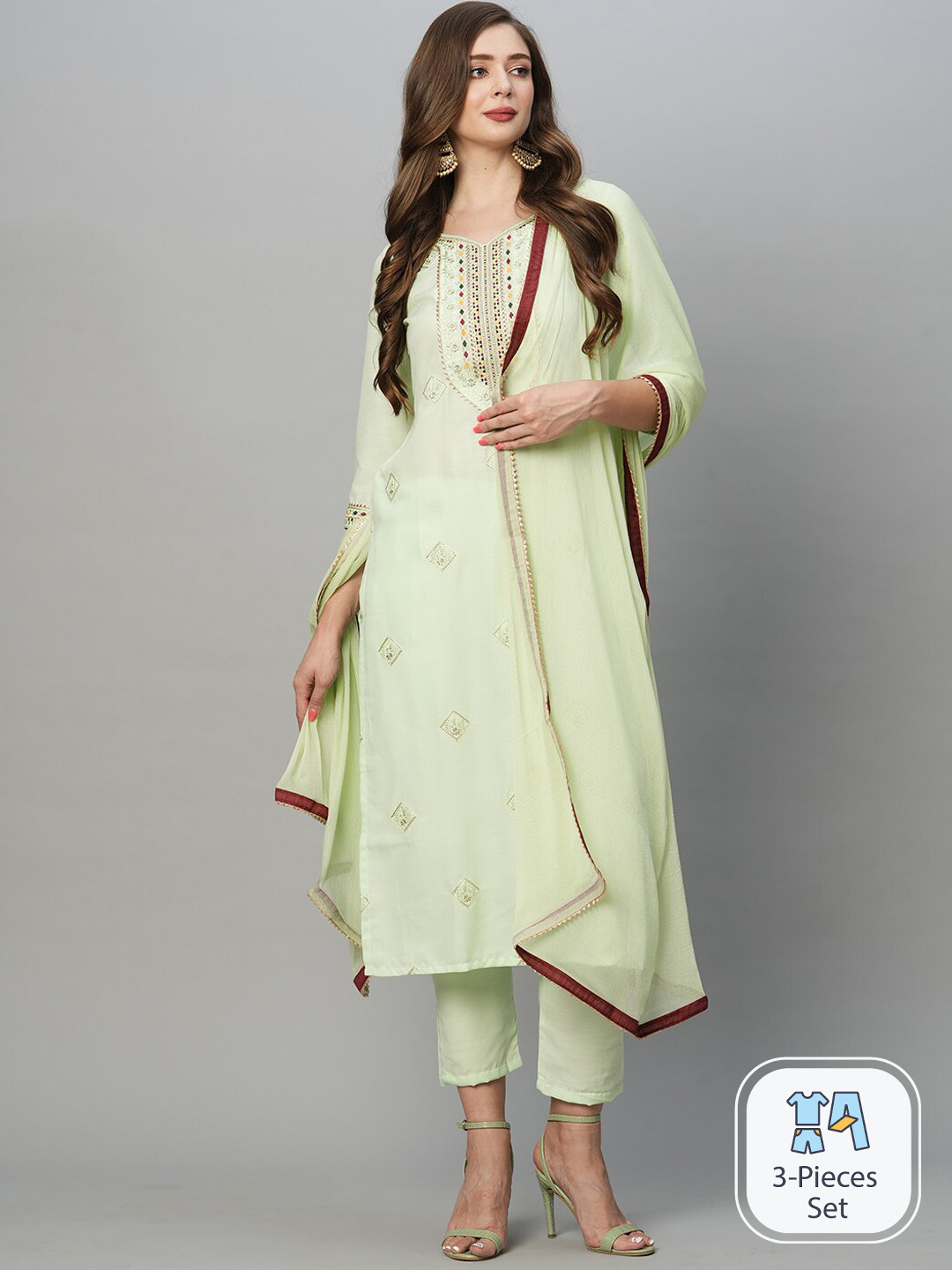

KALINI Floral Embroidered Regular Kurta with Trousers & With Dupatta, Green