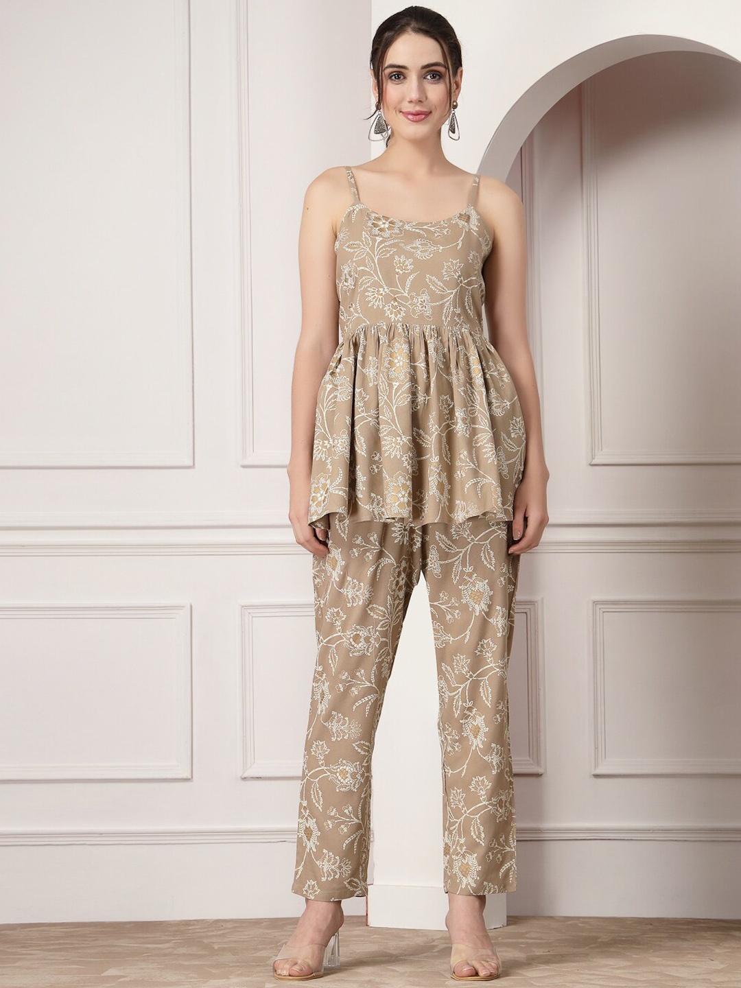 

Stylum Printed Peplum Top With Straight Trousers Co-Ords, Beige