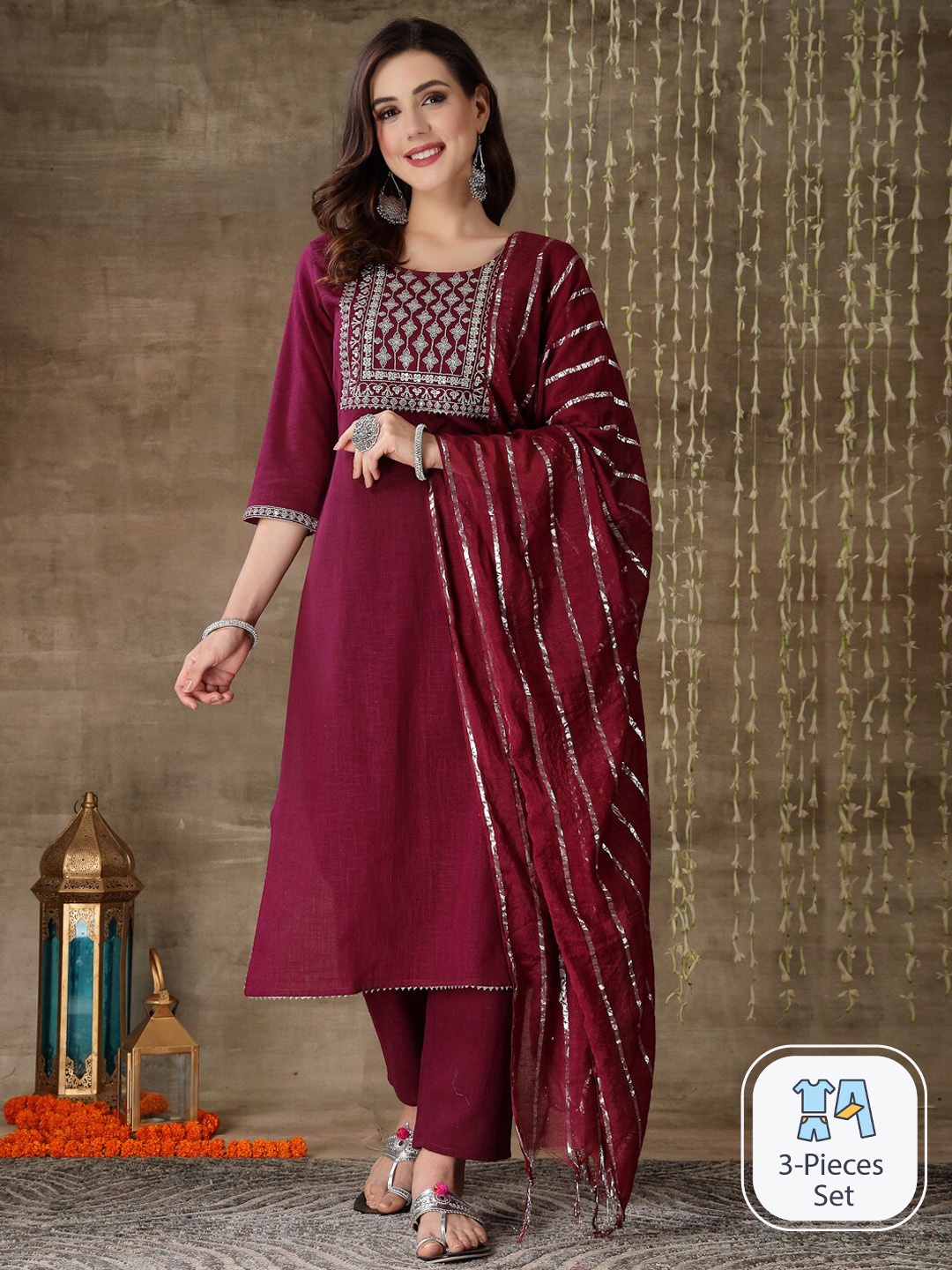 

Stylum Ethnic Motifs Yoke Design Zari Pure Cotton Kurta & Trousers With Dupatta, Purple